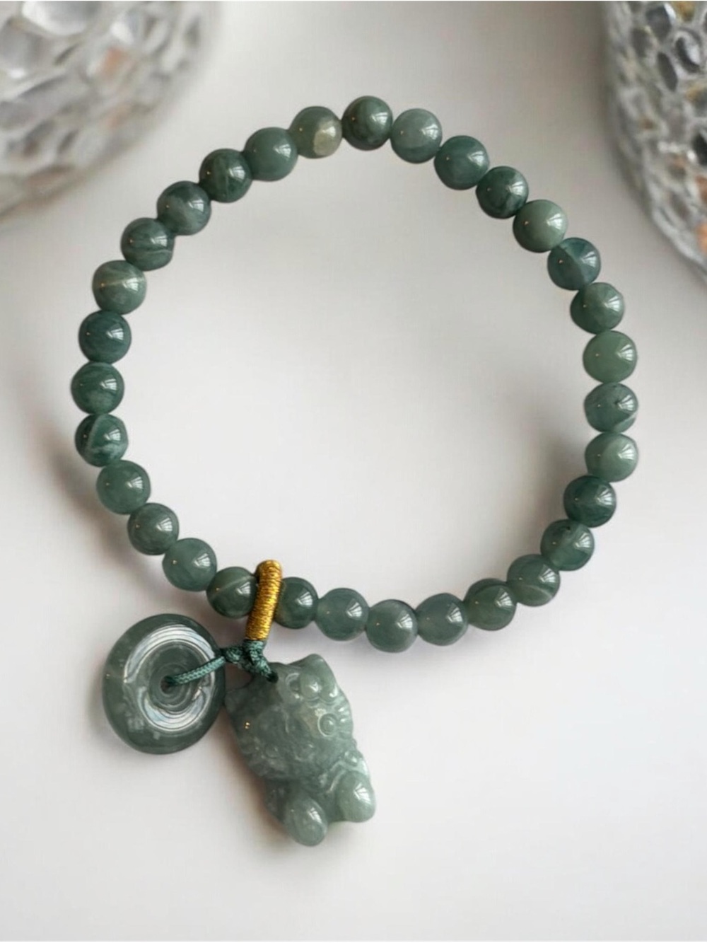 Green Jade Bead Bracelet with HK Charm